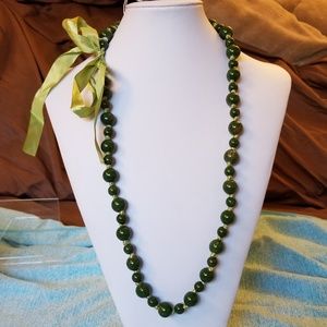NWT Handmade Necklace Green Pearl Ribbon
